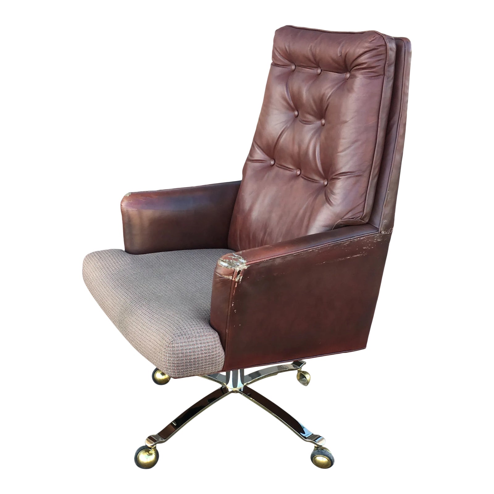 Edward J Wormley For Dunbar Berne Swivel Tilt Brass Base Tufted Leather High Back Executive Chair Chairish