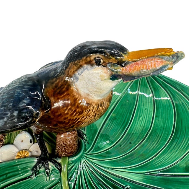 Green A George Jones Majolica Kingfisher on Lily Pad Luncheon Tray, English, Ca. 1875 For Sale - Image 8 of 12