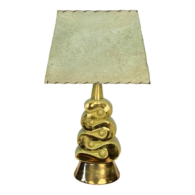 Mid-Century Atomic Green & Gold Ribbon Candy Table Lamp W/ Fiberglass Shade For Sale