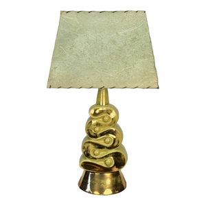Mid-Century Atomic Green & Gold Ribbon Candy Table Lamp W/ Fiberglass Shade