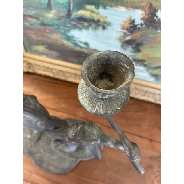 Bronze Whimsical Vintage Dancing Frog Candelabra With Dual Candle Holders, Likely Mid-20th Century Folk Art. For Sale - Image 8 of 9