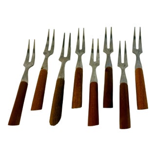 Vintage Japanese Mid-Century Stainless & Wood Cocktail Forks — Set of 9 For Sale
