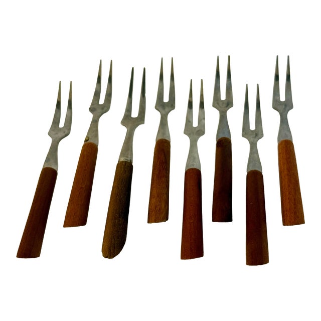Vintage Japanese Mid-Century Stainless & Wood Cocktail Forks — Set of 9 For Sale