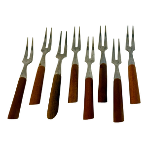 Vintage Japanese Mid-Century Stainless & Wood Cocktail Forks — Set of 9