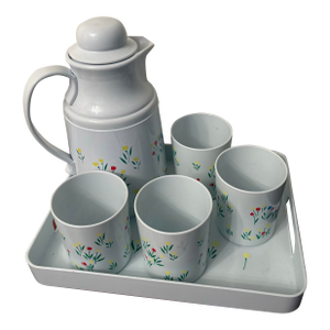 Vintage Mid-Century Modern MCM Plastic Thermos Four Glasses Tray Whimsical Tulip Floral Design- Seven Pieces