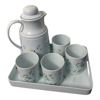 Vintage Phoenix Thermal Serving Set With Tray & 4 Cups, Floral Tulip Carafe, Retro Picnic Beverage Service, 1970s Insulated Coffee Tea Set For Sale