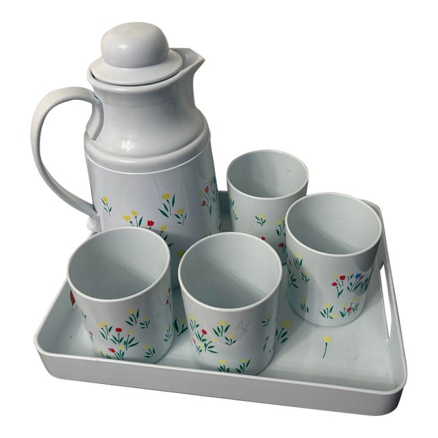 Vintage Phoenix Thermal Serving Set With Tray & 4 Cups, Floral Tulip Carafe, Retro Picnic Beverage Service, 1970s Insulated Coffee Tea Set For Sale