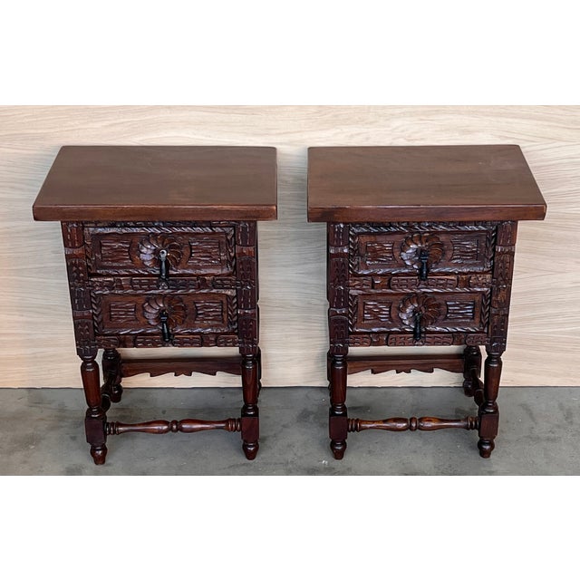 Spanish 20th Century Pair of Spanish Nightstands With Two Drawers and Iron Hardware For Sale - Image 3 of 11