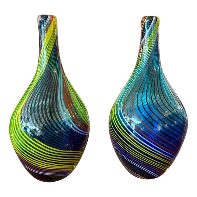 Pair of Fratelli Toso Murano Swirl Glass Long-Neck Vases, Mid-20th Century. For Sale