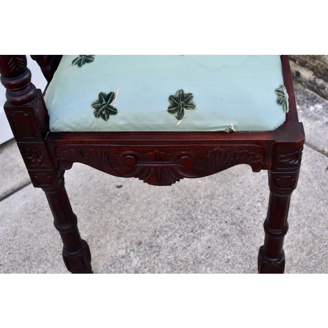 Carved Mahogany Corner Chair Vintage Renaissance Style Figural Face Upholstered For Sale - Image 9 of 17
