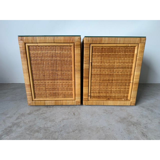 Vintage Coastal Palm Beach Rattan & Woven Cane Nightstands With Glass Tops — A Pair For Sale In Miami - Image 6 of 12