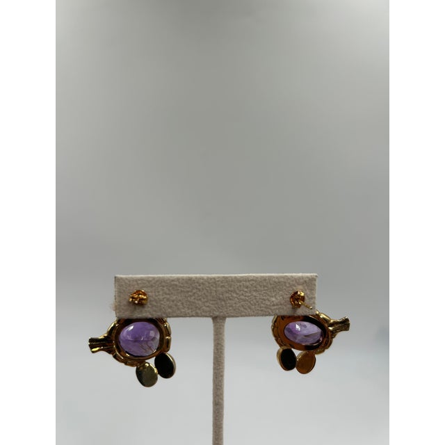 Gold-toned Silver & Real Purple Stones Bird Earrings For Sale - Image 4 of 7