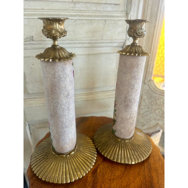 Antique Crystal Bead Petit Point Candle Holders Pair For Sale - Image 13 of 15