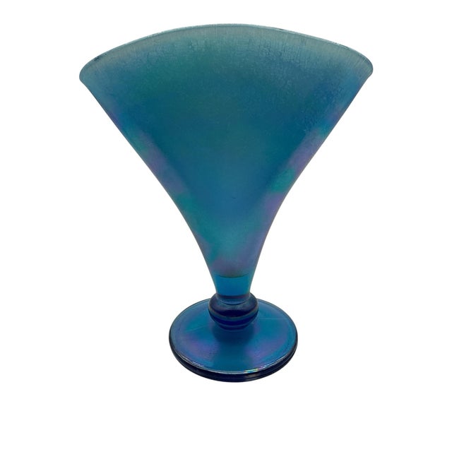 Teal Vintage Stretch Glass Iridescent Fan Vase by Fenton For Sale - Image 8 of 8