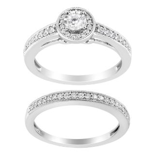 .925 Sterling Silver 1/2 Ctw Diamond Halo and Milgrain Engagement Ring Bridal Set (I-J Color, I3 Clarity) - Ring - Size 7 For Sale