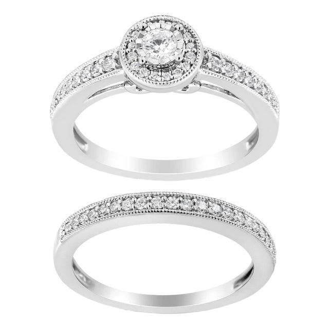.925 Sterling Silver 1/2 Ctw Diamond Halo and Milgrain Engagement Ring Bridal Set (I-J Color, I3 Clarity) - Ring - Size 7 For Sale