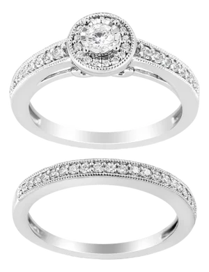 .925 Sterling Silver 1/2 Ctw Diamond Halo and Milgrain Engagement Ring Bridal Set (I-J Color, I3 Clarity) - Ring - Size 7