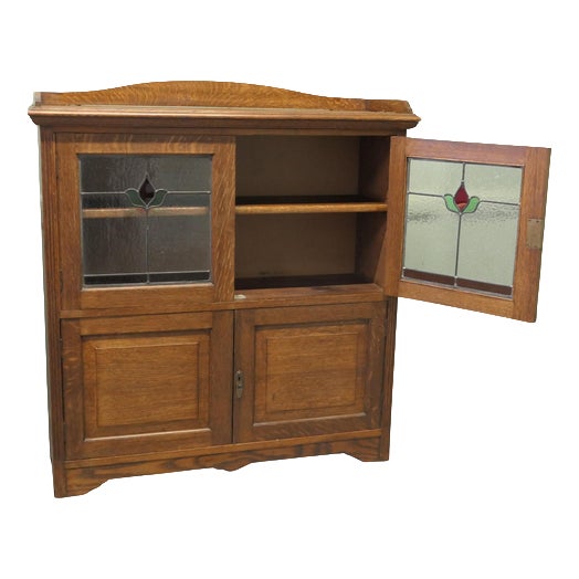 Arts and Crafts Bookcase in Oak and Stained Glass, 1880 For Sale