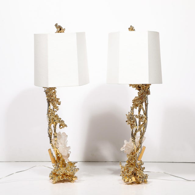 Mid-Century Modern Pair of Exploded Bronze & 24k Gold W/ Rock Crystal Table Lamps by Claude Boeltz For Sale - Image 3 of 12