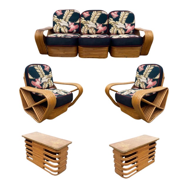 Restored MCM Frankl Style Six-Strand Rattan Sofa, Table, Chair Livingroom Set For Sale