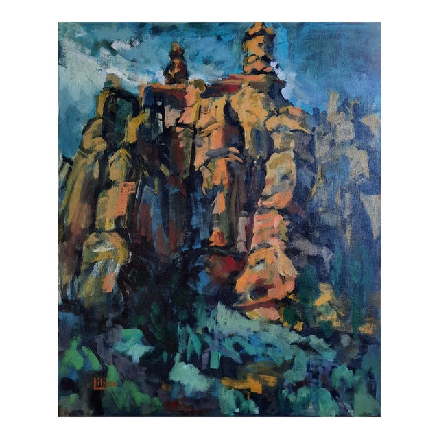 Vintage Anita Rose Lilien Expressionist Canyons / Mountain Peaks Oil Painting For Sale