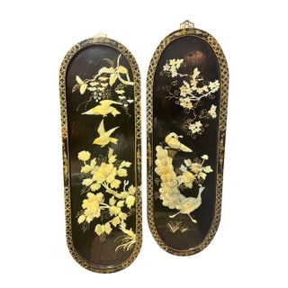 Pair of Vintage Chinese Hardstone Inlaid Black Lacquer Wall Plaques – Peacock & Floral – 36” For Sale