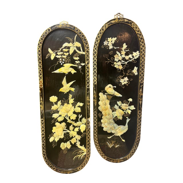 Pair of Vintage Chinese Hardstone Inlaid Black Lacquer Wall Plaques – Peacock & Floral – 36” For Sale