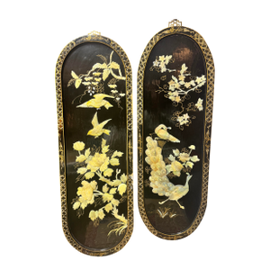 Pair of Vintage Chinese Hardstone Inlaid Black Lacquer Wall Plaques – Peacock & Floral – 36”