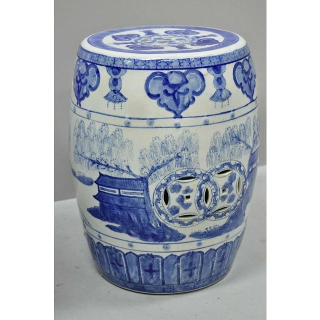 White Vintage Chinese Oriental Blue & White Porcelain Garden Drum Seat Table - A Pair For Sale - Image 8 of 9