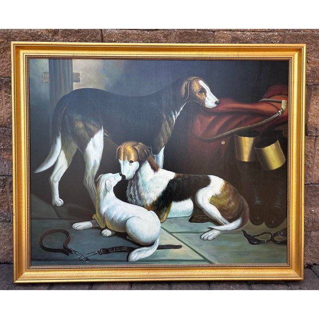 Vintage oil painting entitled ‘The Foxhouns’ features two foxhounds and a Jack Russel terrier. Hand painted reproduction...