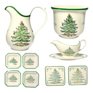 1980s Spode “Christmas Tree” Ceramic Dinnerware Serving Hostess Set - 9 pieces For Sale