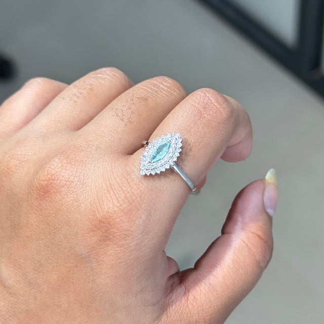 18k Gold Marquise Cut Paraiba Tourmaline Ring With Double Halo Diamonds Size 4 For Sale - Image 9 of 18