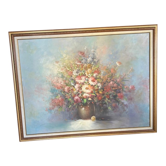 1990s Large Vibrant Vintage Still Life Floral Bouquet Canvas Painting For Sale
