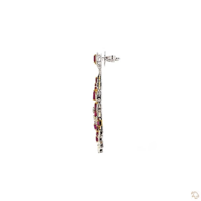 3.49 Carat Round Brilliant Cut White Diamond Blue Diamond Ruby Gold Earrings, Pair For Sale - Image 4 of 9
