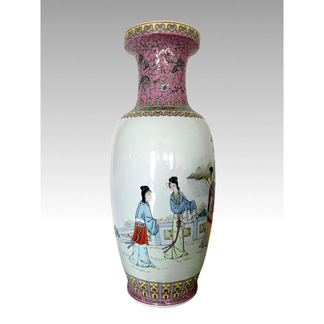 Mid 20th Century Ladies in the Summer Garden, Large Chinese Qianlong Famille Rose Baluster White Porcelain Floor Vase, Republic Period, Wood Stand For Sale - Image 5 of 11