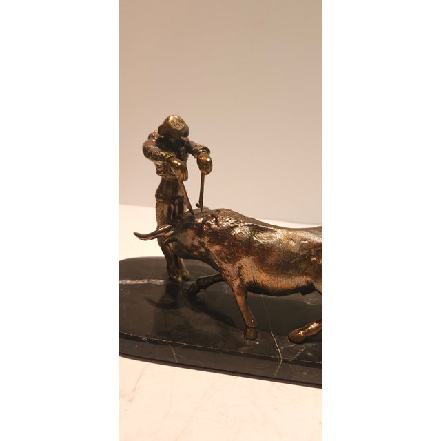 Vintage Bronze Metal Bull Fighter Matador and Bull on Marble Base For Sale - Image 4 of 8