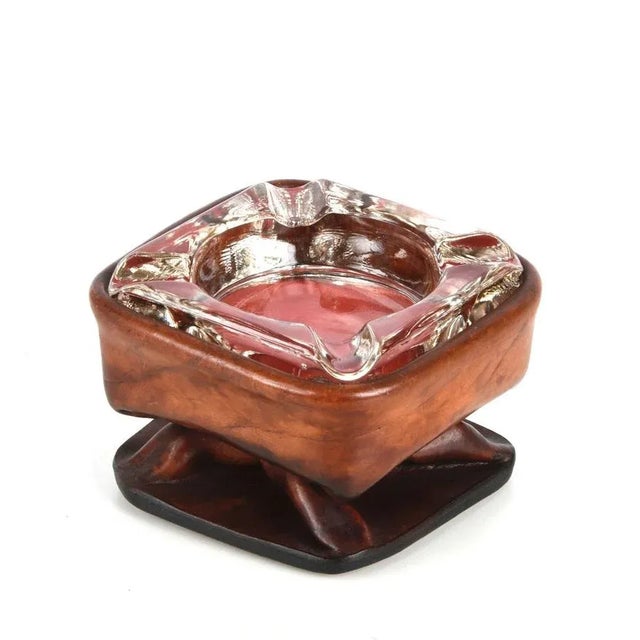 Mid-Century Modern Mid-Century French Brown Leather and Glass Ashtray by Jacques Adnet, 1950s For Sale - Image 3 of 18
