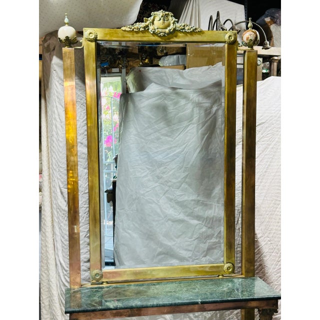 Hollywood Regency Style Hall Brass Mirror With Marble Console For Sale - Image 4 of 11