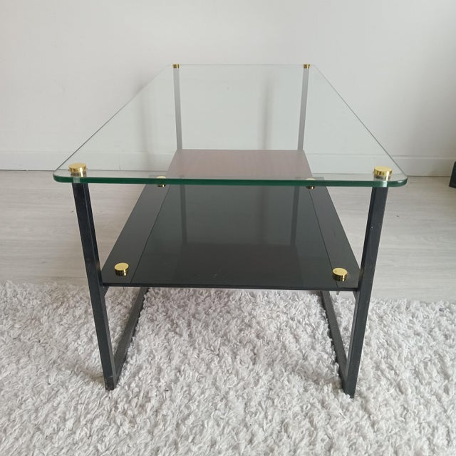 Vintage Coffee Table in Glass and Teak with Black Metal Frame by George Friedman, 1960s For Sale - Image 6 of 10
