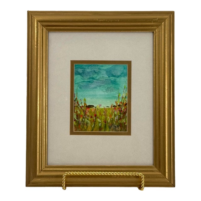 Original Contemporary Wildflower Landscape Watercolor Painting Framed Signed 10x13 For Sale