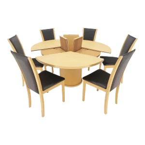Rare Blond Maple Round Expandable Dining Table 6 Chairs Set Set Denmark - 7 Piece Set