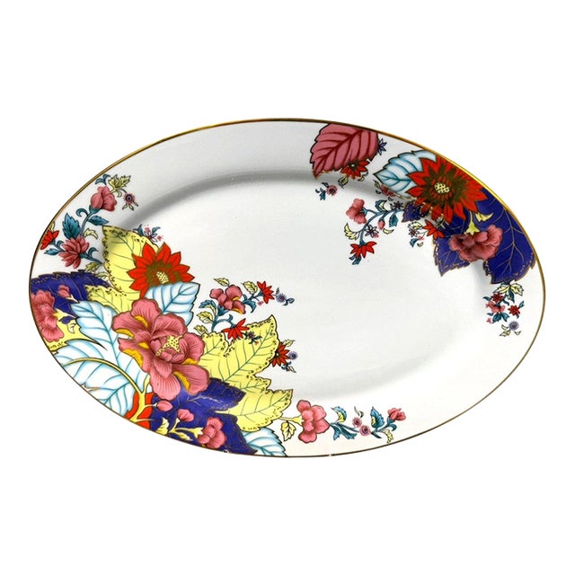Late 20th Century Imperial Leaf Tobacco Leaf Oval Serving Platter China Floral Gold Trim For Sale