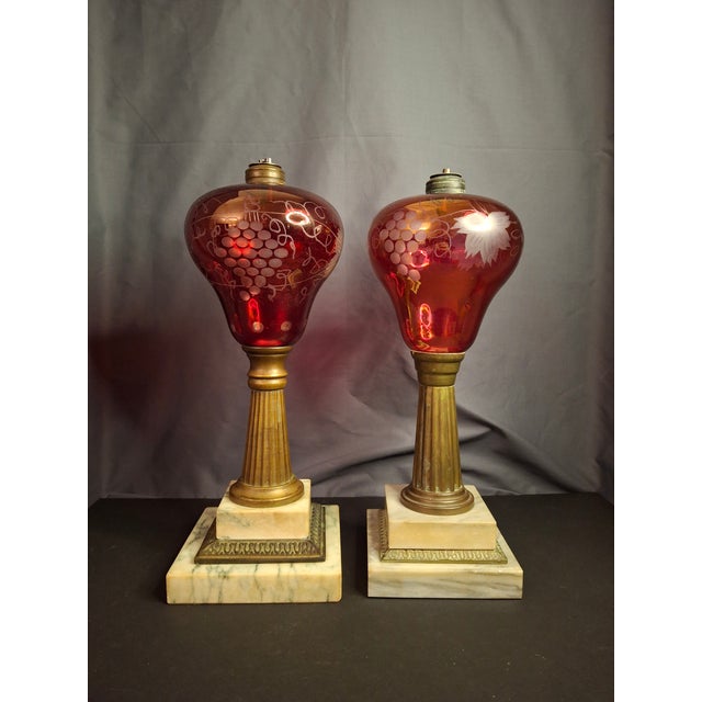Antique Matched Pair Victorian Cranberry Cut Clear Whale Oil Lamps Glass 1850s For Sale - Image 12 of 16