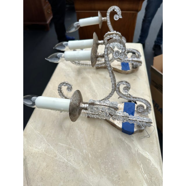 Neoclassical Pair of Dennis & Leen 2-Light Custom Silver Leaf Sconces With Clear Beads For Sale - Image 3 of 6