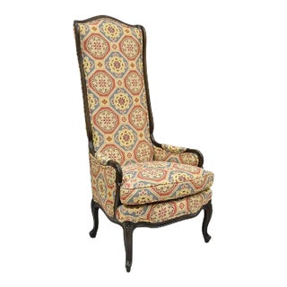 Late 20th Century French Country Provincial Style Carved Walnut High Back Blue & Red Lounge Chair For Sale