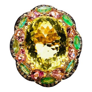 Bochic “Orient” Vintage Diamond, Lemon Quartz & Pink Tourmaline Ring Set 18 K Gold For Sale