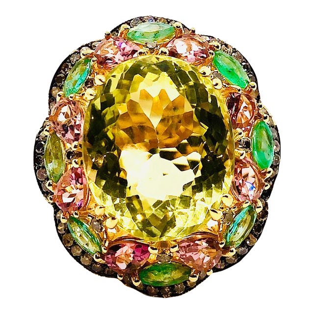 Bochic “Orient” Vintage Diamond, Lemon Quartz & Pink Tourmaline Ring Set 18 K Gold For Sale