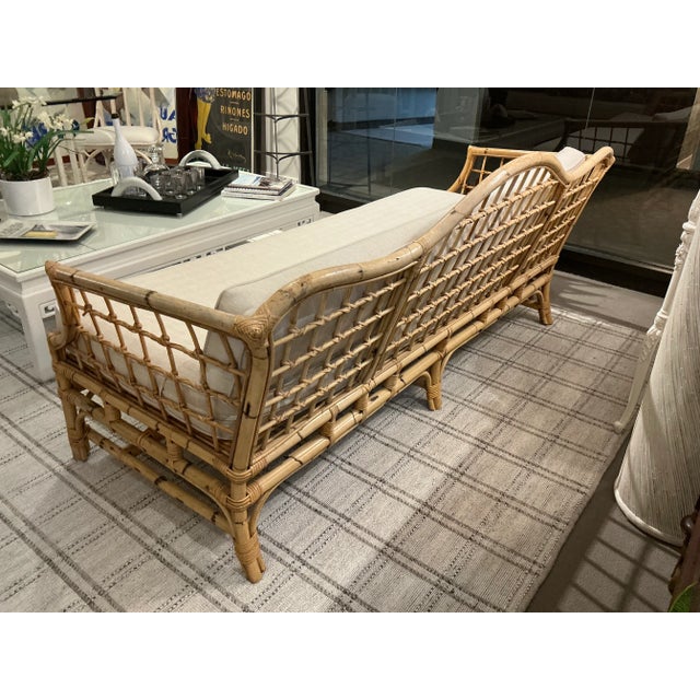 Boho Chic Coastal Burnt Rattan Sofa / Daybed. New Herringbone tone on tone fabric from Pindler.There are two available,...
