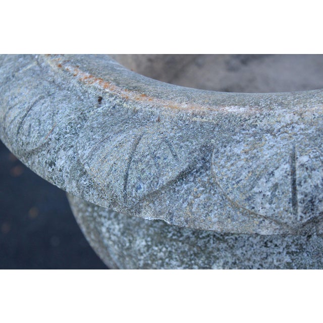 Vintage Pair Of Carved Granite Three Piece Garden Urns On Pedestals For Sale - Image 10 of 18