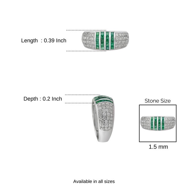 Art Deco Square Cut Emerald Linear Stripe & 1.34 Ct Diamond Pavé Dome Unisex Ring Size 8 For Sale - Image 10 of 13